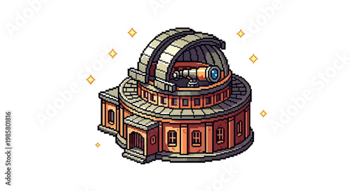 Pixel Art Observatory Building with Telescope and Stars.