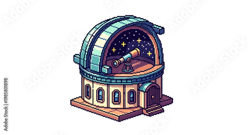 Pixel Art Observatory Building with Telescope and Stars.