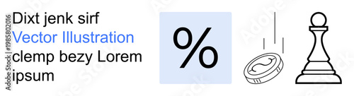 Business strategy, financial planning, economic growth, investment, competition, decision-making. Symbols include a percentage sign, coin and chess piece. Business strategy and financial planning