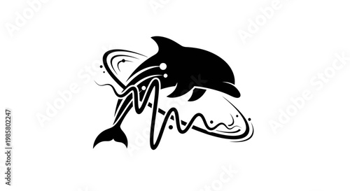 Black dolphin swimming in ocean waves.