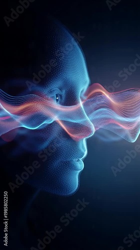 Person's head with glowing light waves flowing through their brain in digital illustration