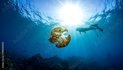A scuba diver swims near a jellyfish with a sunlit backdrop. Tiny fish are also visible in the ocean's depths
