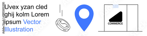 E-commerce, online shopping, location tracking, digital transactions, navigation, business technology. Features a blue location pin, currency coin and commerce box. E-commerce and online shopping