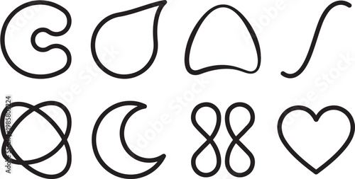 Collection of abstract organic shapes and symbols in black outline on a transparent background