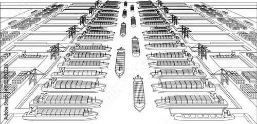 Aerial view of busy shipping port with cargo ships and cranes