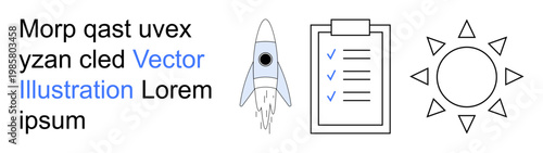 Business growth, success planning, renewable energy, project management, productivity, innovation. Rocket launch, checklist with ticks and a sun icon. Business growth and success planning concept