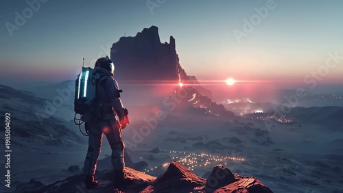 An astronaut stands on a rocky terrain, mesmerized by towering alien mountains as twin suns set in a vibrant sky, blending colors of twilight and illuminating distant lands below.