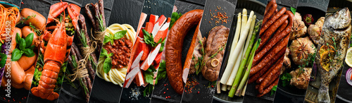 Background of food, drinks and dishes of European cuisine. on a dark stone background. Photo collage, banner from photos.