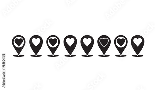 Collection of eight stylized heart map pin icons against a white background