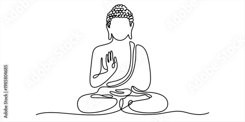Minimalist continuous line art illustration of lord buddha sitting in a meditative yoga posture. Vector, illustration