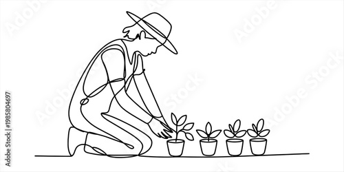 Continuous line drawing of a gardener wearing a hat and overalls planting small potted seedlings Vector, illustration