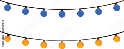 Two strings of globe string lights blue and orange isolated on a transparent background