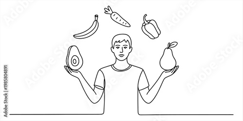 A line drawing of a man juggling various healthy fruits and vegetables for a balanced diet Vector, illustration