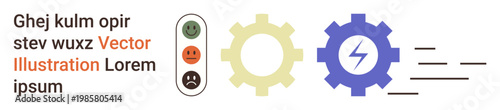 Business automation, workflow management, productivity tools, decision-making, innovation, efficiency. Sequence of gears, lightning bolt and a traffic signal icon. Business automation and workflow
