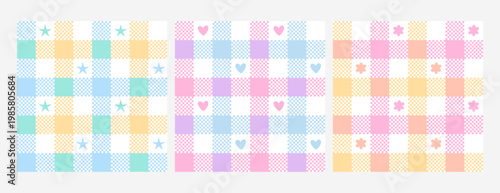 Seamless plaid pattern with cute hearts, stars and flowers in blue, yellow and pink colors. Gingham check geometric texture for baby, nursery, romantic design, textile print, wallpaper background