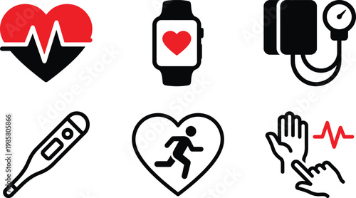 Health monitoring icons heart rate blood pressure and fitness tracking