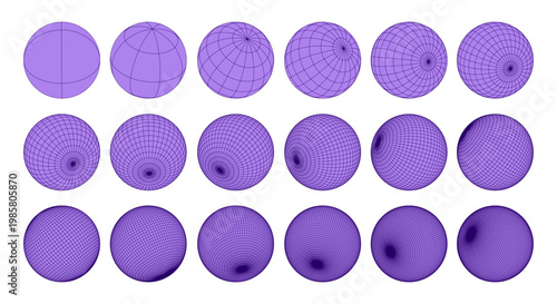 Wireframe 3D sphere set with grid lines. Low poly and high poly geometric globe, mesh structure, latitude longitude circles, minimal line design with editable stroke path