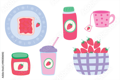 A flat vector illustration of a set of strawberry snacks with jam, toast, tea, and fresh berries.
A cute collection of strawberry products: a jar of jam, a smoothie, a cup of tea, and a basket of berr