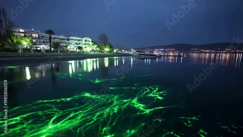 Mesmerizing green reflections shimmer across calm waters at a lakeside retreat as dusk paints the sky. The tranquil atmosphere invites relaxation and wonder.