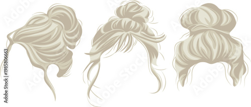 set of templates of women's hair arranged in hairstyles, namely in careless buns for styling blondes, female characters