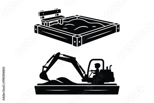Sandbox with bench and toy excavator silhouette children excavator childhood