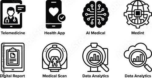 Artificial intelligence in healthcare icon set for modern medical technology