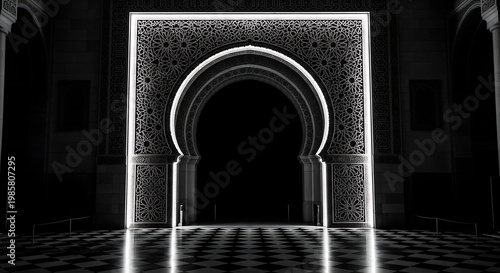 Dramatic black and white photograph of an ornate Moorish archway, perfect for architectural projects and design.