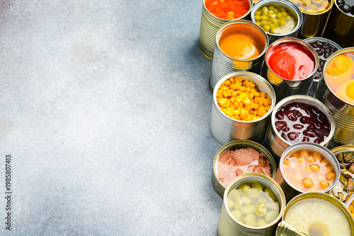 Assortment of canned preserves food in tin open cans: fish, beans, vegetables and fruits. Food stocks. Side view.