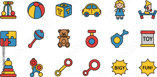Kids Toy Icons Vector Set Featuring Ball Blocks Teddy Bear Puzzle Rattle and Playtime Elements