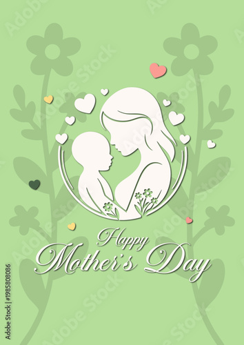 Purple Papercut Mother's Day Greeting Card with Mother and Baby, Elegant Mother and Child Silhouette Illustration on Violet Background, Happy Mother's Day Poster with Floral Hearts and Paper Style Art