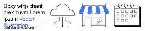 Business organization, cloud services, scheduling tools, retail management, digital trends, and online shopping. Cloud connected to data nodes, store facade and calendar grid. Cloud services