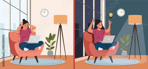 Woman working from home day and night, problem and solution concept, remote work and productivity. Vector flat cartoon illustration