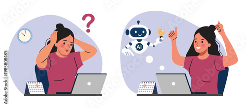 Woman solving problem with artificial intelligence, AI assistant helping with idea, before and after concept. Flat style cartoon vector illustration.