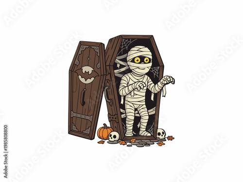 Cute Cartoon Mummy Stepping Out of a Wooden Coffin with Halloween Elements
