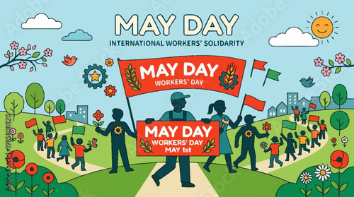 May Day International Workers' Solidarity Parade with Banners and Festive Decorations