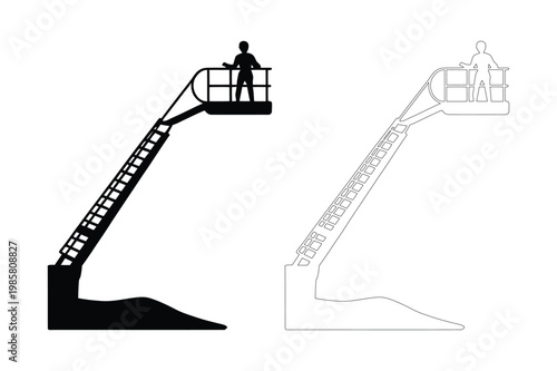 Silhouette of a person in a cherry picker lift and outline of a lifting