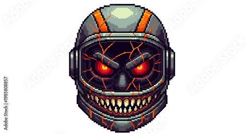 Terrifying Pixel Art Astronaut Helmet with Fiery Eyes and Sharp Teeth.