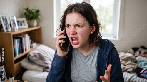 Teenager yelling angrily on the phone in messy bedroom  