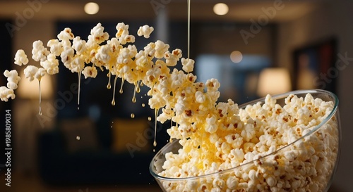 Delicious Popcorn Overflowing From Glass Bowl with Melted Butter Drizzling.