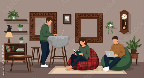 Three people relaxing and working in a cozy living room.