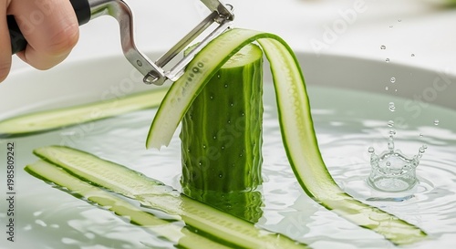 Close-up of a cucumber being peeled with a vegetable peeler in a sink full of water.