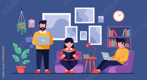 Three people working and reading in a cozy living room setting.