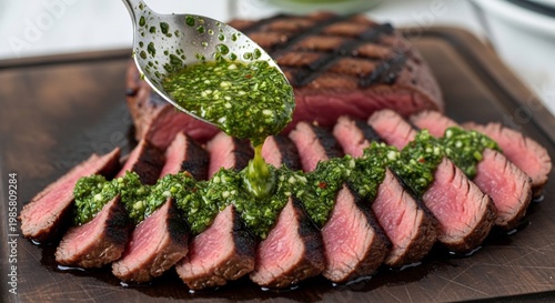 Delicious Sliced Steak Topped with Fresh Green Chimichurri Sauce.