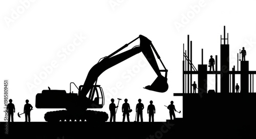 Excavator silhouette vector illustration of construction machine and shovel at sunset industrial mining and energy scene