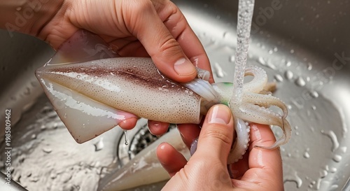 Hands washing fresh squid under running water in a kitchen sink.