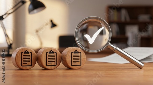 Wooden checkmark blocks with magnifying glass highlighting approval on wooden desk in office setting