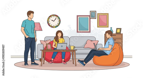Three people working and relaxing in a modern living room.