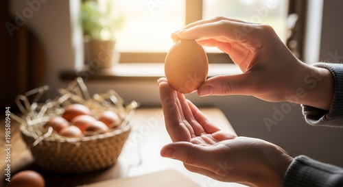 Close-up of Hands Holding a Fresh Brown Egg with Basket of Eggs in Background.