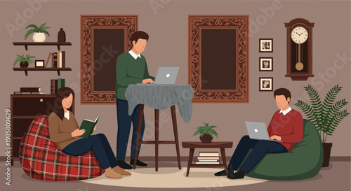 Three people working and studying in a cozy living room setting.