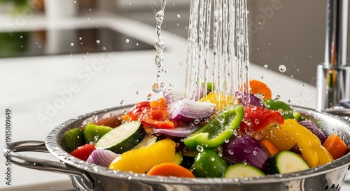 Fresh Vegetables Being Rinsed Under Running Water in a Colander.